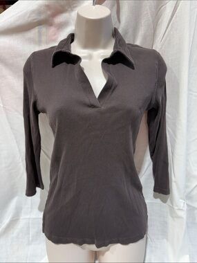Y2K Ribbed V-Neck Collared Long Sleeve Top - Dark Brown